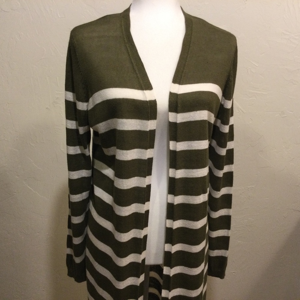 Talbots 100% Linen Olive Green & White Striped Longline Openfront Cardigan S